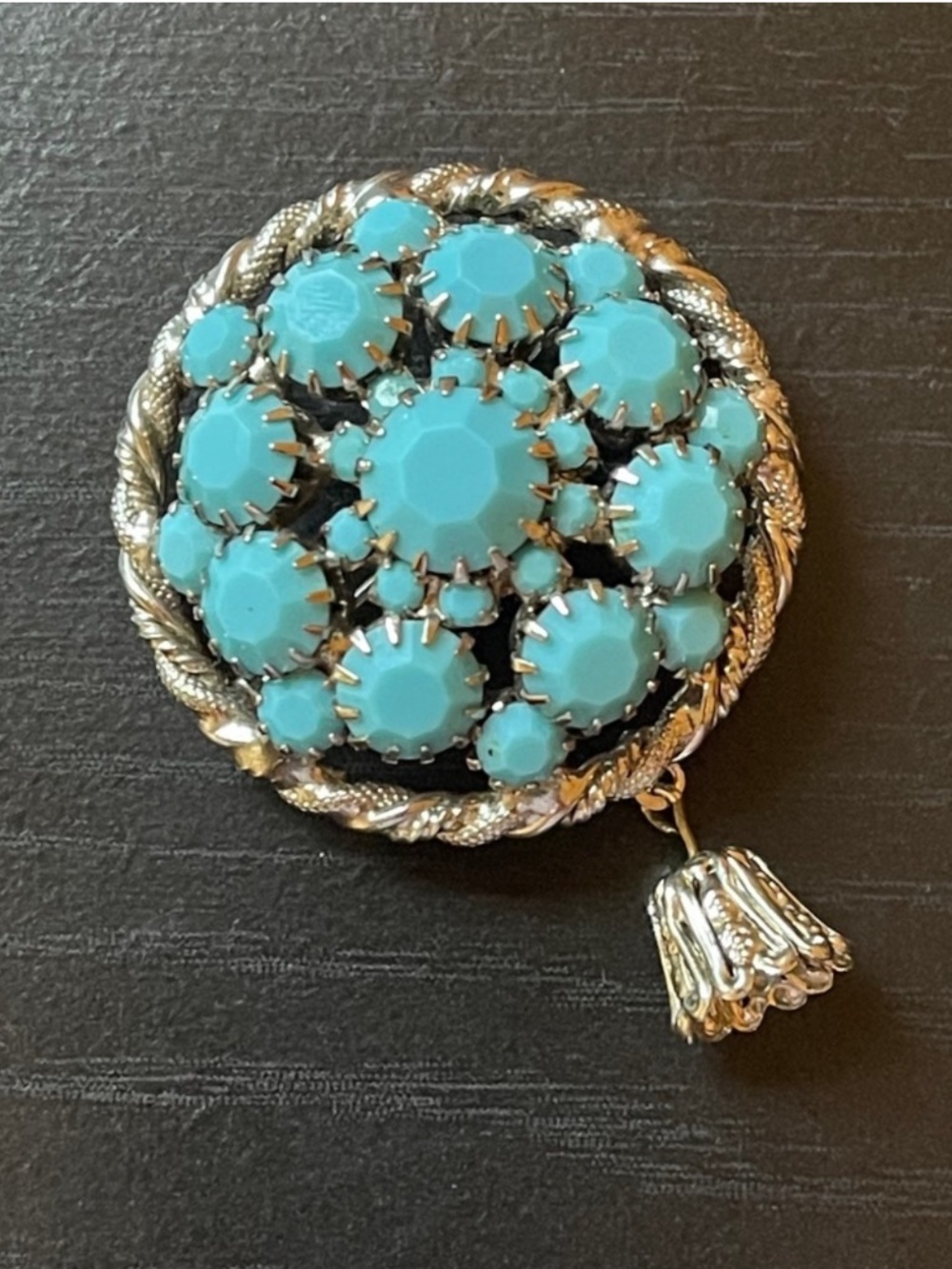 Vintage Turquoise Rhinestone Brooch Silver Tone  Cluster Tassel Pin Statemen